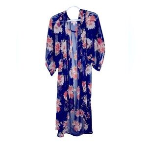 Band Of Gypsies Women's Navy Sheer Pastel Floral‎ Kimono Sleeve Duster Top Small